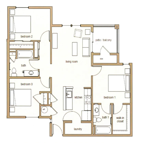 A floor plan of a house with three bedrooms, a living room, a kitchen, a bath, a laundry area, and a walk-in closet.